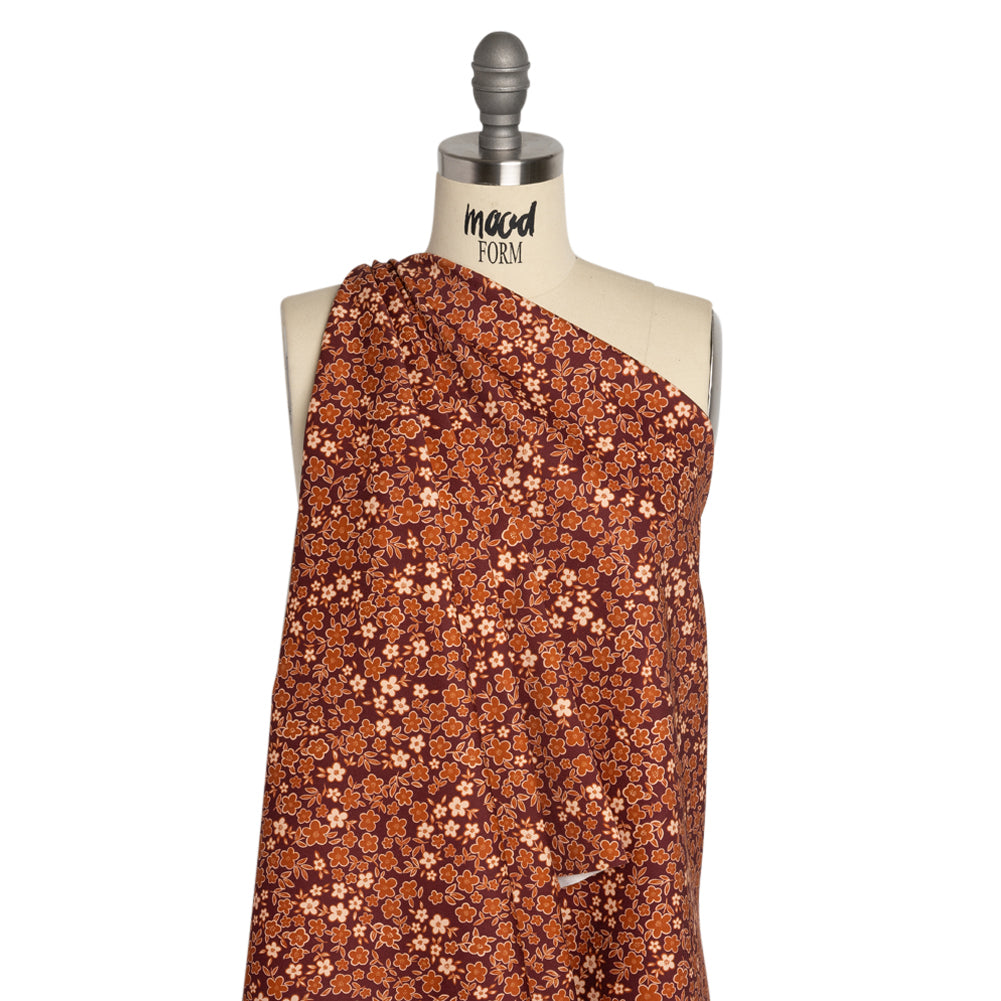 Stretch Cotton Twill Print - Burgundy, Rust and Peach Floral - Mood Exclusive September Sprouts Drape Stretch Cotton Twill Print - Burgundy, Rust and Peach Floral - Mood Exclusive September Sprouts Drape