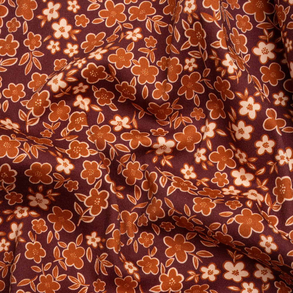 Stretch Cotton Twill Print - Burgundy, Rust and Peach Floral - Mood Exclusive September Sprouts Stretch Cotton Twill Print - Burgundy, Rust and Peach Floral - Mood Exclusive September Sprouts