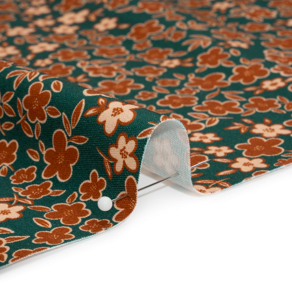 Stretch Cotton Twill Print - Teal, Rust and Peach Floral - Mood Exclusive September Sprouts Detail Stretch Cotton Twill Print - Teal, Rust and Peach Floral - Mood Exclusive September Sprouts Detail