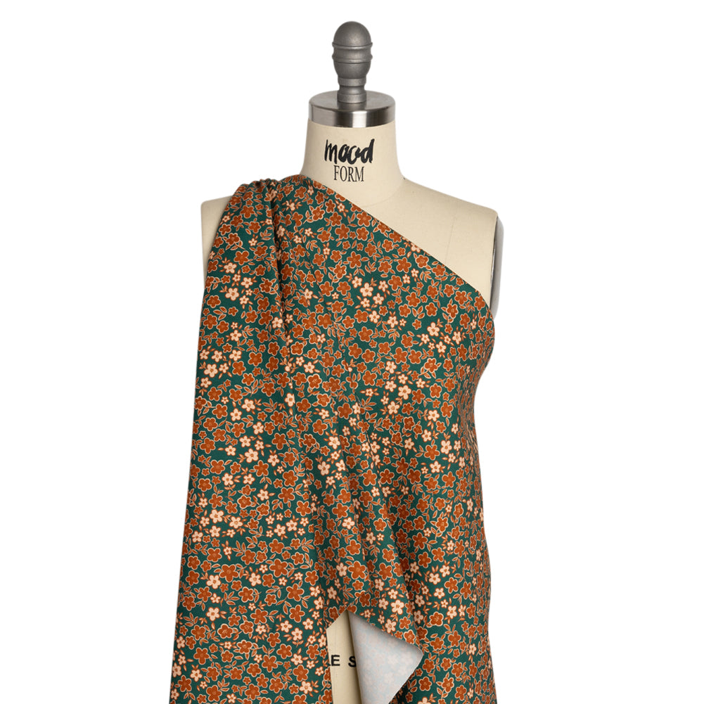Stretch Cotton Twill Print - Teal, Rust and Peach Floral - Mood Exclusive September Sprouts Drape Stretch Cotton Twill Print - Teal, Rust and Peach Floral - Mood Exclusive September Sprouts Drape