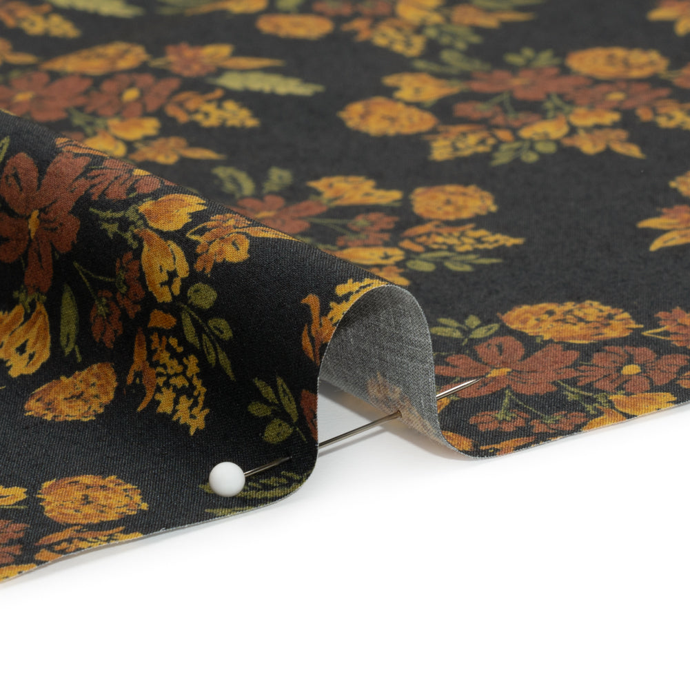 Stretch Cotton Poplin Print - Navy, Rust and Orange Floral - Mood Exclusive Amber Bunches Detail Stretch Cotton Poplin Print - Navy, Rust and Orange Floral - Mood Exclusive Amber Bunches Detail