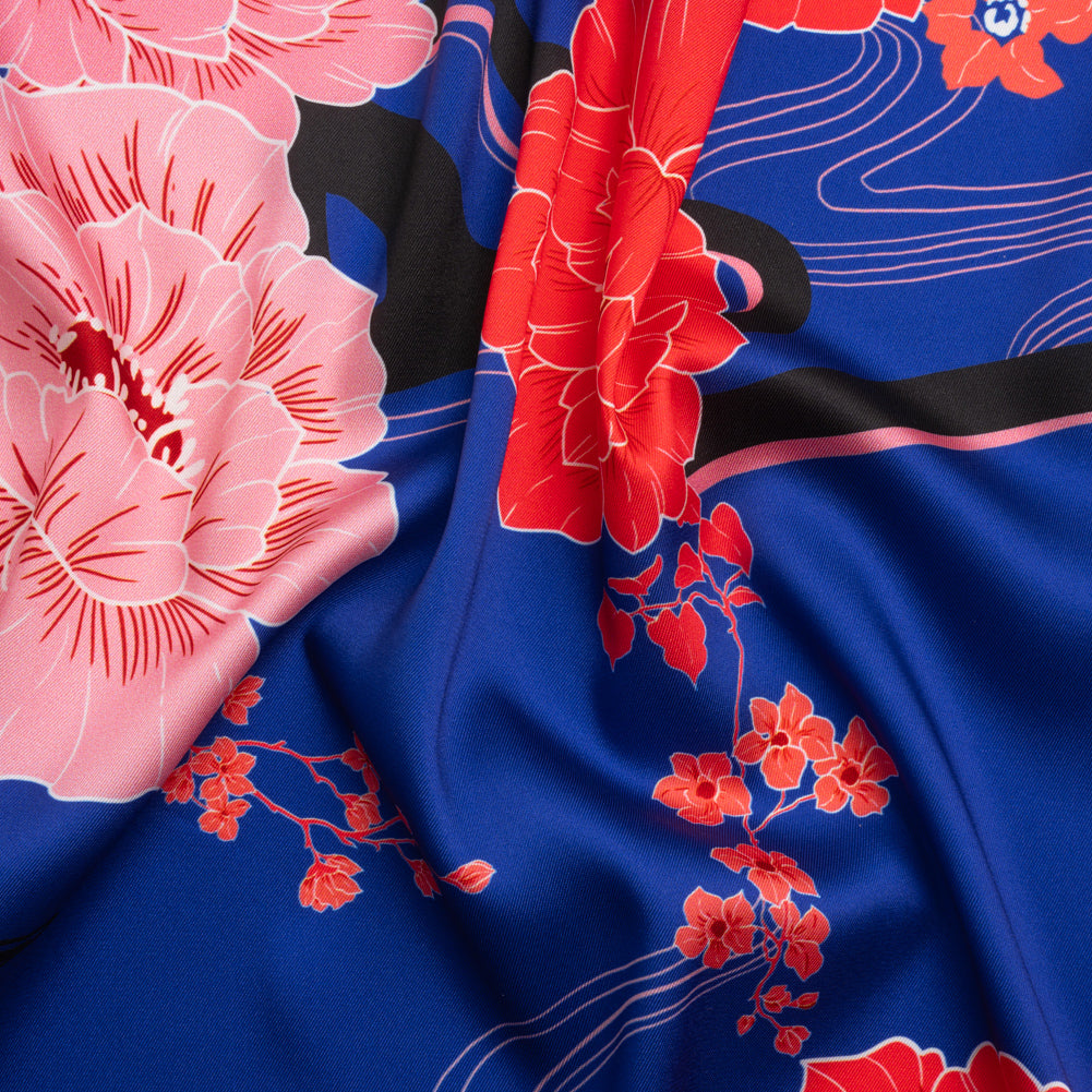 Recycled Polyester Twill - Blue and Pink Floral - Japanese Daydreams Print - Mood Exclusive Groove Collection Recycled Polyester Twill - Blue and Pink Floral - Japanese Daydreams Print - Mood Exclusive Groove Collection
