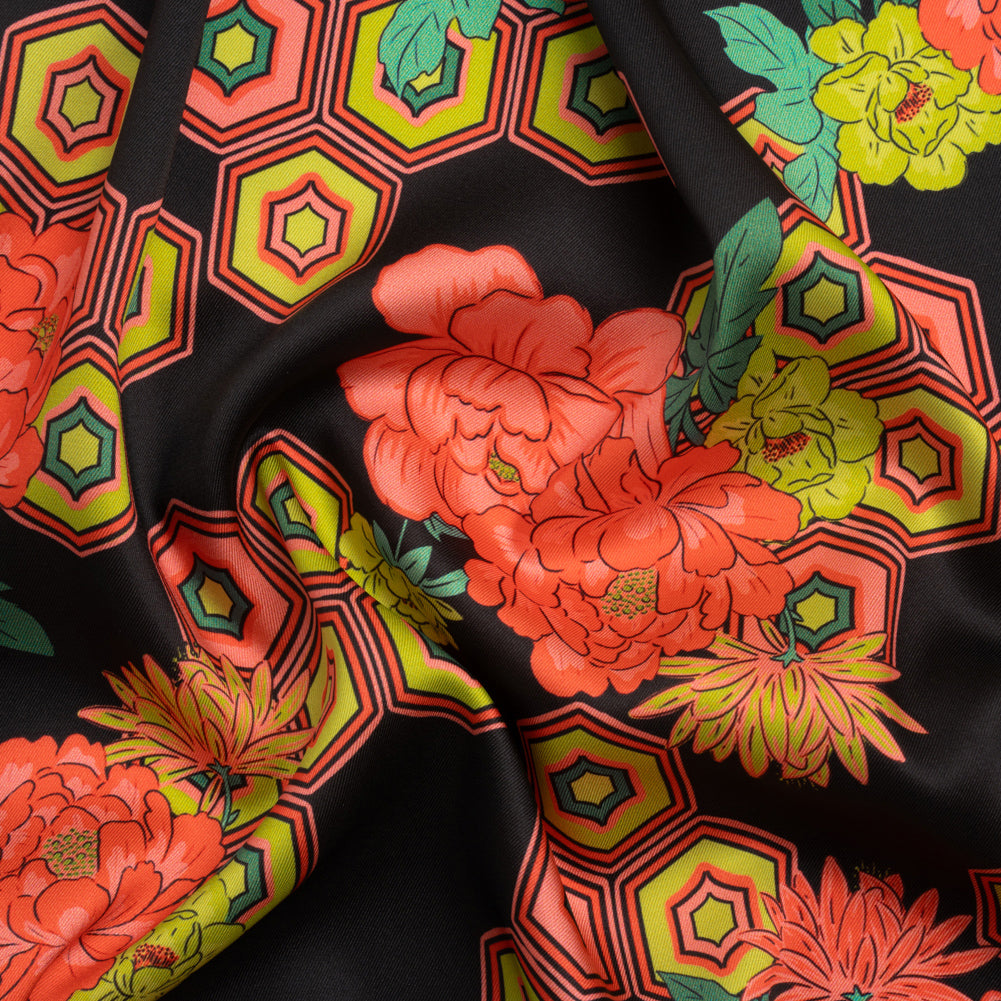 Recycled Polyester Twill Print - Black, Yellow and Coral Honeycomb Floral - Mood Exclusive Rose and Honey Recycled Polyester Twill Print - Black, Yellow and Coral Honeycomb Floral - Mood Exclusive Rose and Honey