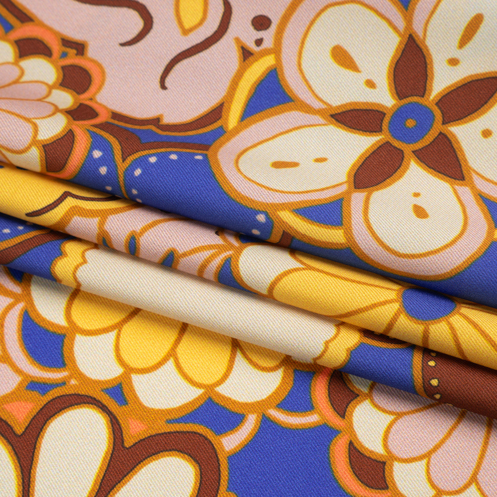 Recycled Polyester Twill Print - Yellow, Blue and Brown Floral - Mood Exclusive Confectioner's Crocus Folded Recycled Polyester Twill Print - Yellow, Blue and Brown Floral - Mood Exclusive Confectioner's Crocus Folded