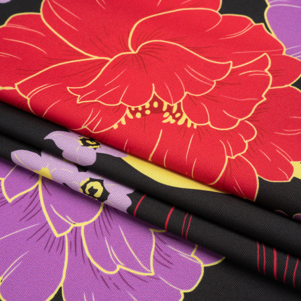 Recycled Polyester Twill - Black, Red and Purple Floral - Japanese Daydreams Print - Mood Exclusive Groove Collection Folded Recycled Polyester Twill - Black, Red and Purple Floral - Japanese Daydreams Print - Mood Exclusive Groove Collection Folded