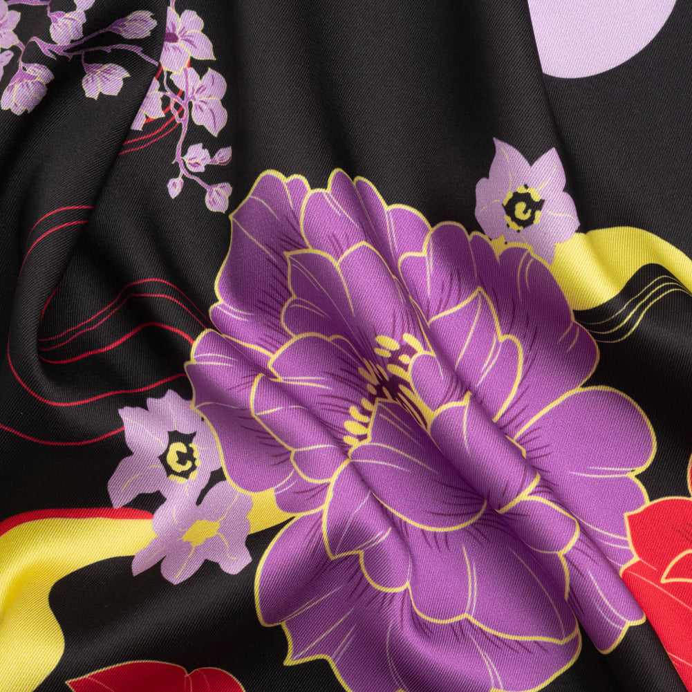 Recycled Polyester Twill - Black, Red and Purple Floral - Japanese Daydreams Print - Mood Exclusive Groove Collection Recycled Polyester Twill - Black, Red and Purple Floral - Japanese Daydreams Print - Mood Exclusive Groove Collection