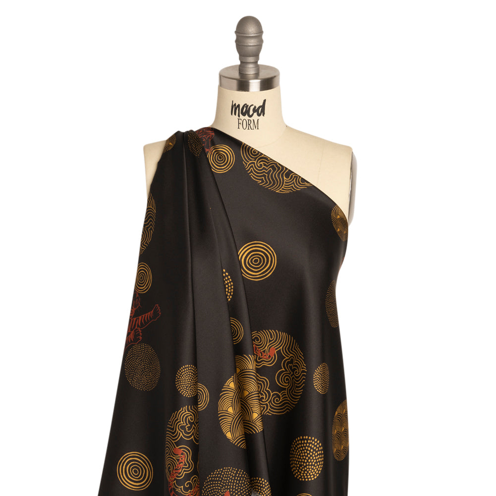Recycled Polyester Twill Print - Black and Yellow Tigers and Circles - Mood Exclusive Last Known Survivor Drape Recycled Polyester Twill Print - Black and Yellow Tigers and Circles - Mood Exclusive Last Known Survivor Drape