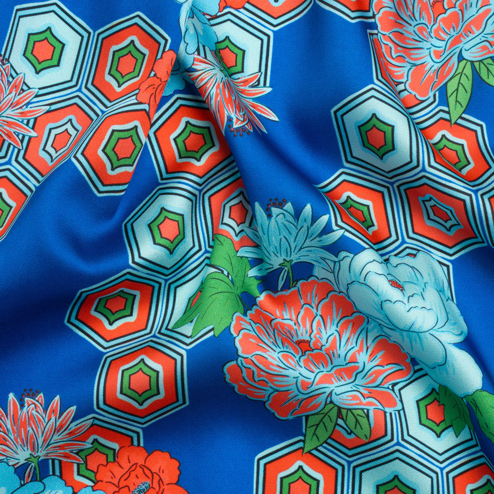 Recycled Polyester Twill Print - Blue, Green and Orange Honeycomb Floral - Mood Exclusive Rose and Honey Recycled Polyester Twill Print - Blue, Green and Orange Honeycomb Floral - Mood Exclusive Rose and Honey