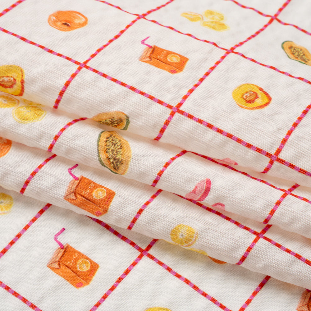 Cotton and Viscose Striped Seersucker Print - White Windowpane Checks and Fruit - Mood Exclusive Fruit Juice Jackpot Folded Cotton and Viscose Striped Seersucker Print - White Windowpane Checks and Fruit - Mood Exclusive Fruit Juice Jackpot Folded