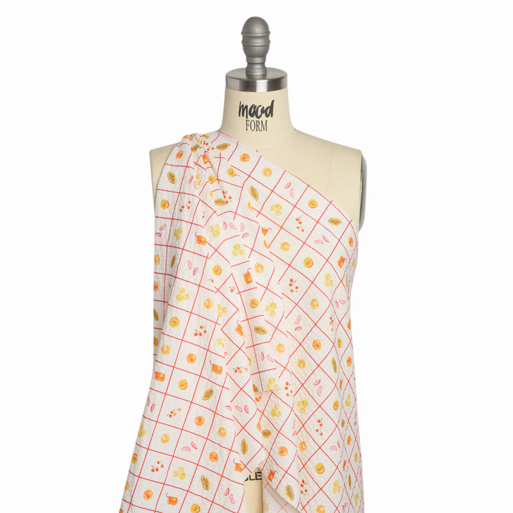 Cotton and Viscose Striped Seersucker Print - White Windowpane Checks and Fruit - Mood Exclusive Fruit Juice Jackpot Drape Cotton and Viscose Striped Seersucker Print - White Windowpane Checks and Fruit - Mood Exclusive Fruit Juice Jackpot Drape