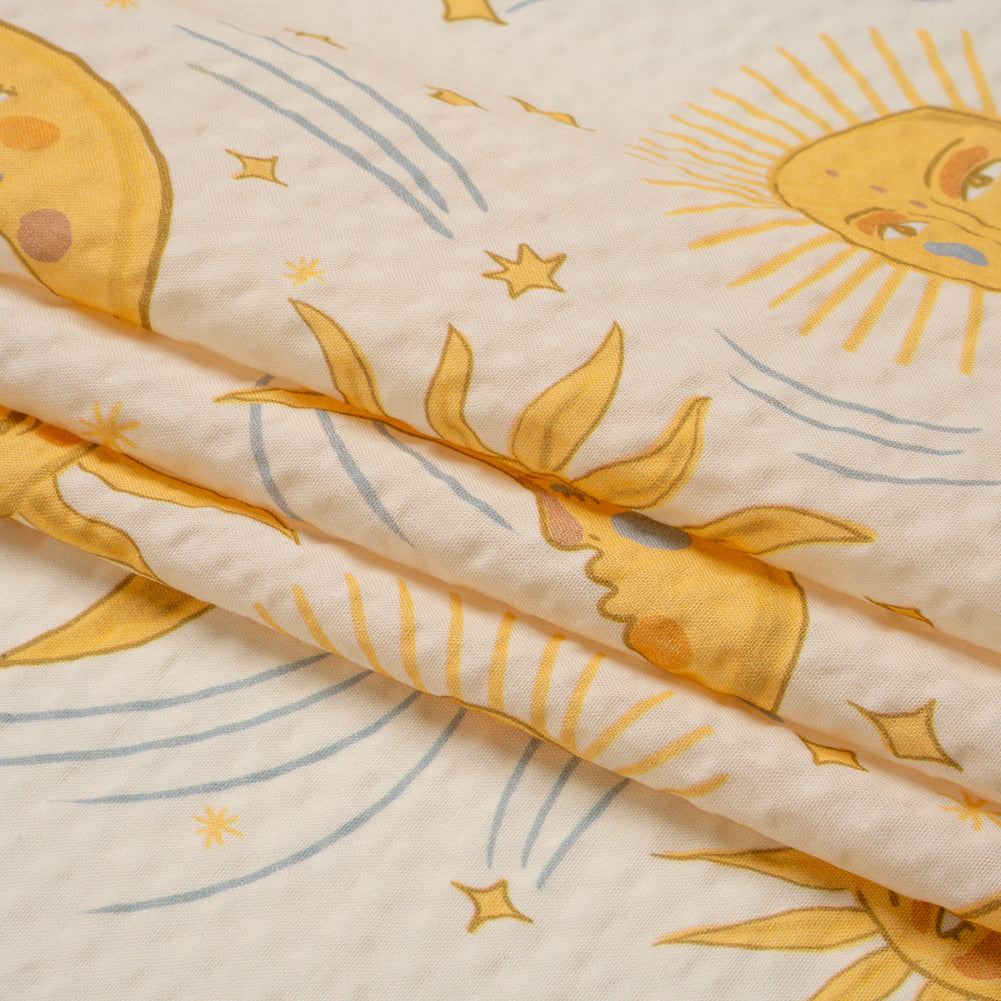 Cotton and Viscose Striped Seersucker Print - Cream Suns and Moons - Mood Exclusive Friendly Faces Folded Cotton and Viscose Striped Seersucker Print - Cream Suns and Moons - Mood Exclusive Friendly Faces Folded