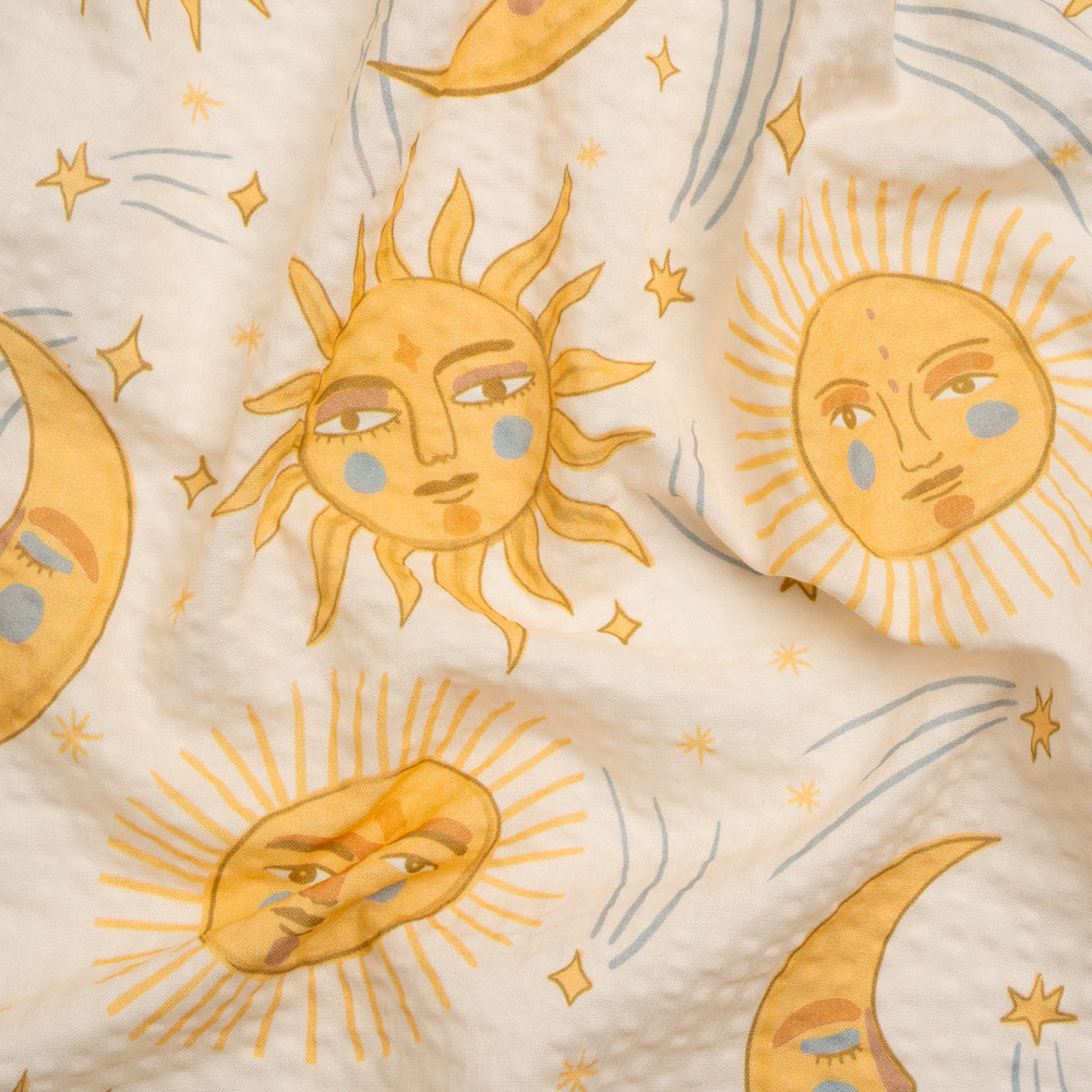 Cotton and Viscose Striped Seersucker Print - Cream Suns and Moons - Mood Exclusive Friendly Faces Cotton and Viscose Striped Seersucker Print - Cream Suns and Moons - Mood Exclusive Friendly Faces