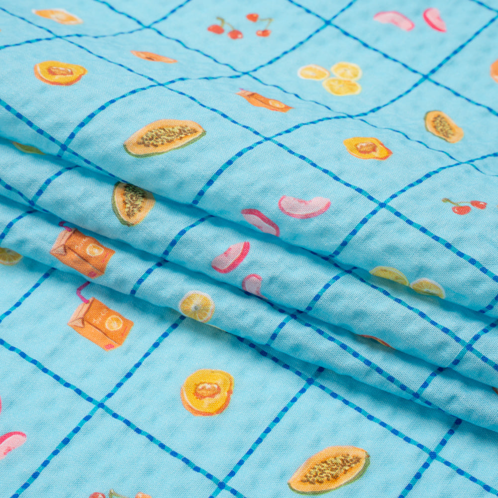 Cotton and Viscose Striped Seersucker Print - Blue Windowpane Checks and Fruit - Mood Exclusive Fruit Juice Jackpot Folded Cotton and Viscose Striped Seersucker Print - Blue Windowpane Checks and Fruit - Mood Exclusive Fruit Juice Jackpot Folded