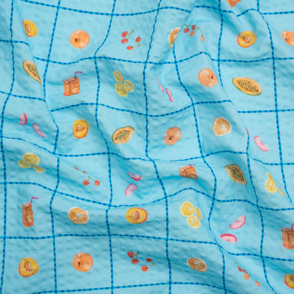 Cotton and Viscose Striped Seersucker Print - Blue Windowpane Checks and Fruit - Mood Exclusive Fruit Juice Jackpot Cotton and Viscose Striped Seersucker Print - Blue Windowpane Checks and Fruit - Mood Exclusive Fruit Juice Jackpot