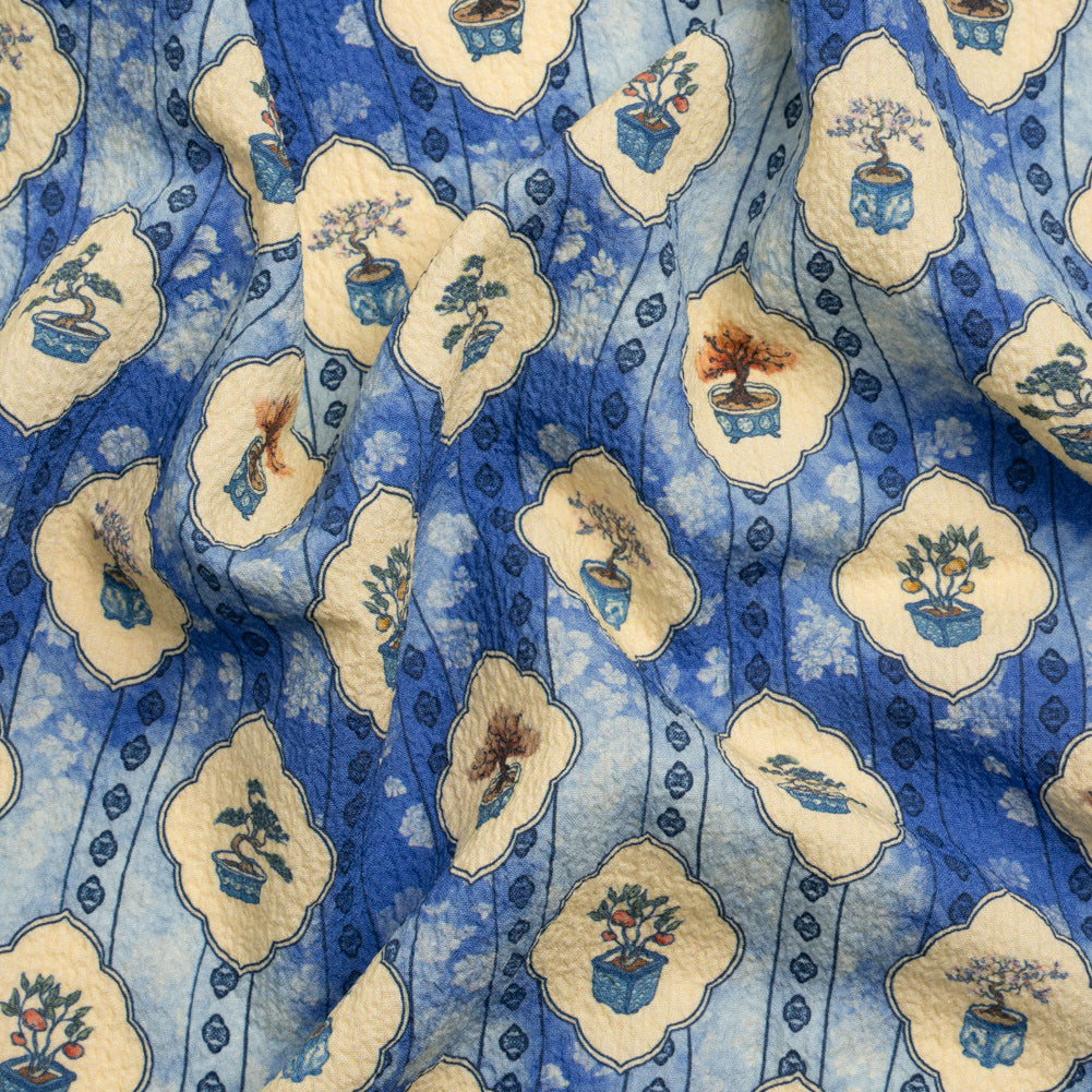 Mood Exclusive Blue Peaceful Trees Stretch Polyester Seersucker Mood Exclusive Blue Peaceful Trees Stretch Polyester Seersucker