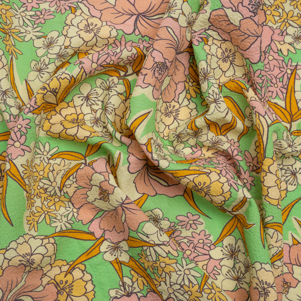 Mood Exclusive Green Cherry Blossom Lessons Stretch Polyester Seersucker Mood Exclusive Green Cherry Blossom Lessons Stretch Polyester Seersucker
