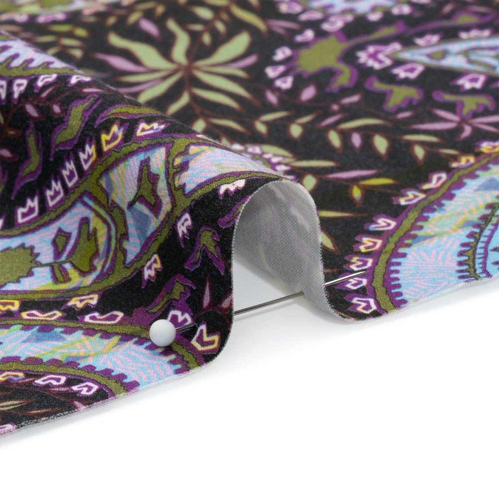 Stretch Cotton and Viscose Sateen Print - Black, Green and Purple Paisley and Leaves - Mood Exclusive Leafy Life Folded Stretch Cotton and Viscose Sateen Print - Black, Green and Purple Paisley and Leaves - Mood Exclusive Leafy Life Folded