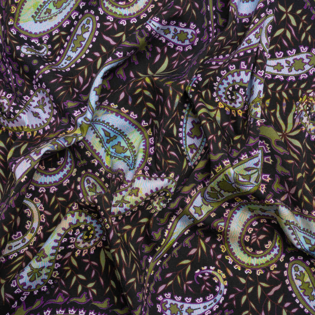 Stretch Cotton and Viscose Sateen Print - Black, Green and Purple Paisley and Leaves - Mood Exclusive Leafy Life Stretch Cotton and Viscose Sateen Print - Black, Green and Purple Paisley and Leaves - Mood Exclusive Leafy Life