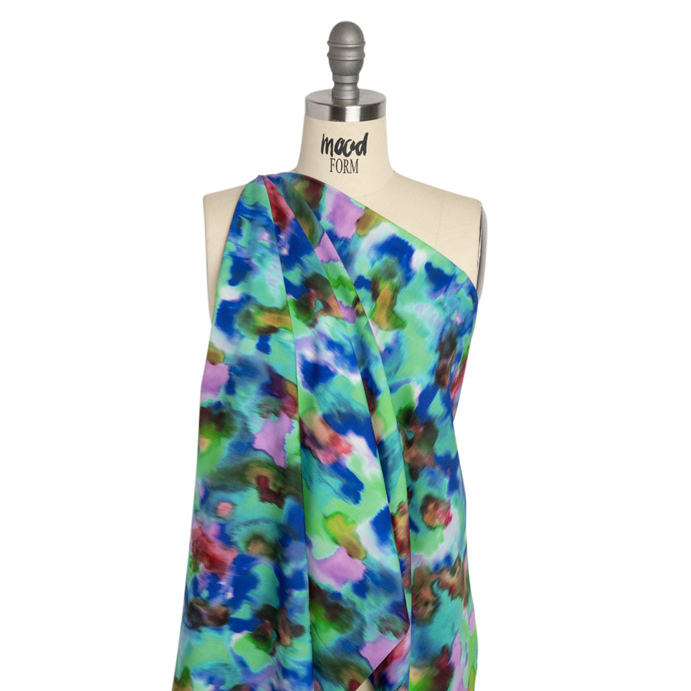 Stretch Polyester Woven Print - Green, Blue and Brown Abstract - Mood Exclusive Spinning World Drape Stretch Polyester Woven Print - Green, Blue and Brown Abstract - Mood Exclusive Spinning World Drape