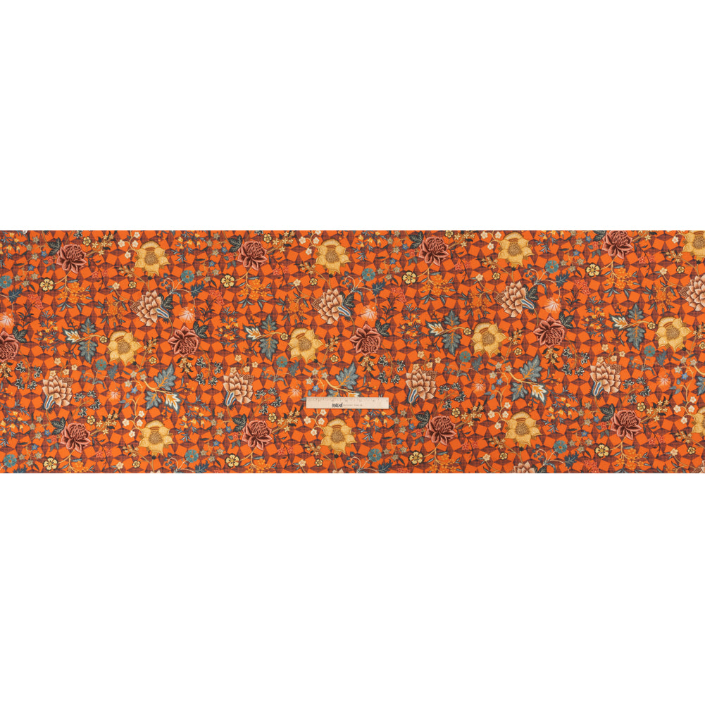 Linen and Rayon Woven Print - Orange and Blue Diamonds and Flowers - Mood Exclusive Rattan Roses Full Linen and Rayon Woven Print - Orange and Blue Diamonds and Flowers - Mood Exclusive Rattan Roses Full