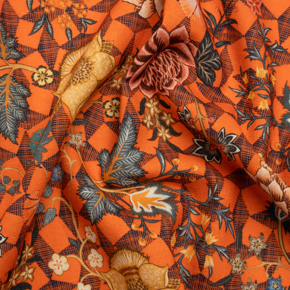 Linen and Rayon Woven Print - Orange and Blue Diamonds and Flowers - Mood Exclusive Rattan Roses Linen and Rayon Woven Print - Orange and Blue Diamonds and Flowers - Mood Exclusive Rattan Roses