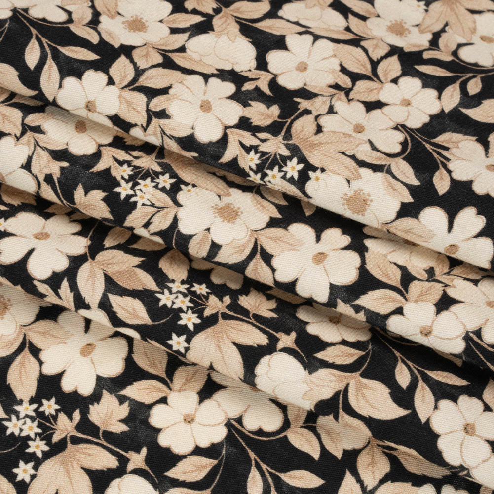 Brushed Stretch Cotton Twill Print - Black and Cream Floral - Mood Exclusive Moon-Calm Meeting Folded Brushed Stretch Cotton Twill Print - Black and Cream Floral - Mood Exclusive Moon-Calm Meeting Folded