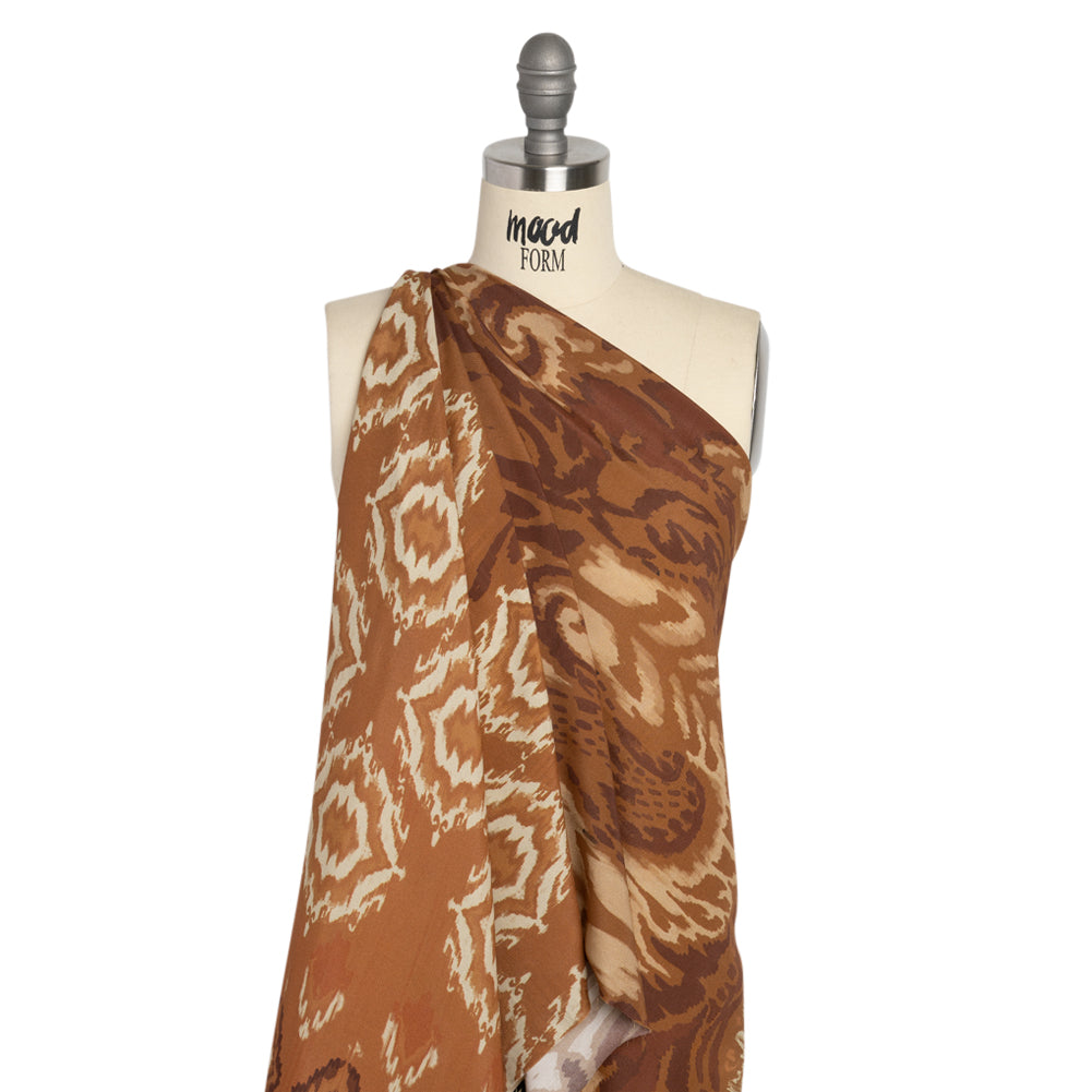 Sustainable Viscose Crepe Print - Brown and Beige Ikat Abstract - Mood Exclusive Woodgrain Test Detail Sustainable Viscose Crepe Print - Brown and Beige Ikat Abstract - Mood Exclusive Woodgrain Test Detail