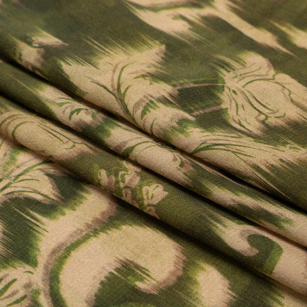 Sustainable Viscose Crepe Print - Olive Green and Beige Ikat Floral - Mood Exclusive Harvest Moon Folded Sustainable Viscose Crepe Print - Olive Green and Beige Ikat Floral - Mood Exclusive Harvest Moon Folded