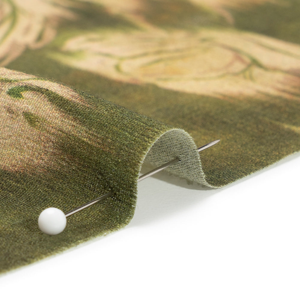 Sustainable Viscose Crepe Print - Olive Green and Beige Ikat Floral - Mood Exclusive Harvest Moon Detail Sustainable Viscose Crepe Print - Olive Green and Beige Ikat Floral - Mood Exclusive Harvest Moon Detail