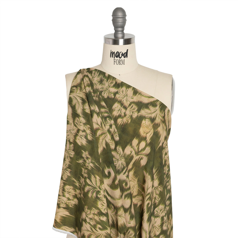 Sustainable Viscose Crepe Print - Olive Green and Beige Ikat Floral - Mood Exclusive Harvest Moon Drape Sustainable Viscose Crepe Print - Olive Green and Beige Ikat Floral - Mood Exclusive Harvest Moon Drape