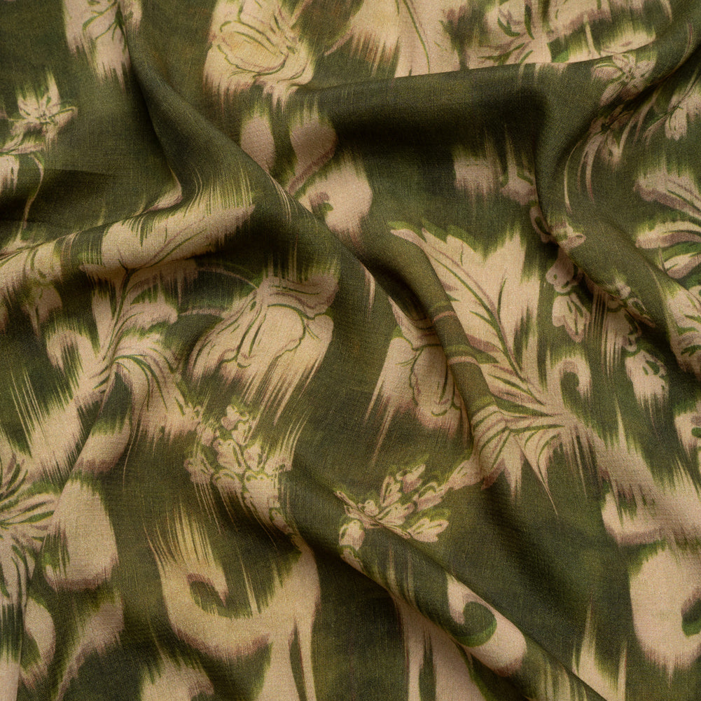 Sustainable Viscose Crepe Print - Olive Green and Beige Ikat Floral - Mood Exclusive Harvest Moon Sustainable Viscose Crepe Print - Olive Green and Beige Ikat Floral - Mood Exclusive Harvest Moon