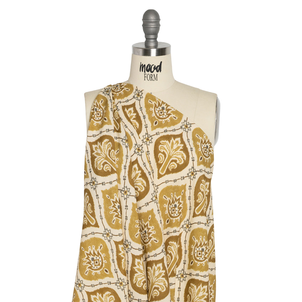 Sustainable Viscose Crepe Print - Golden Olive and Beige Floral Ogees - Mood Exclusive Salem Surroundings Drape Sustainable Viscose Crepe Print - Golden Olive and Beige Floral Ogees - Mood Exclusive Salem Surroundings Drape