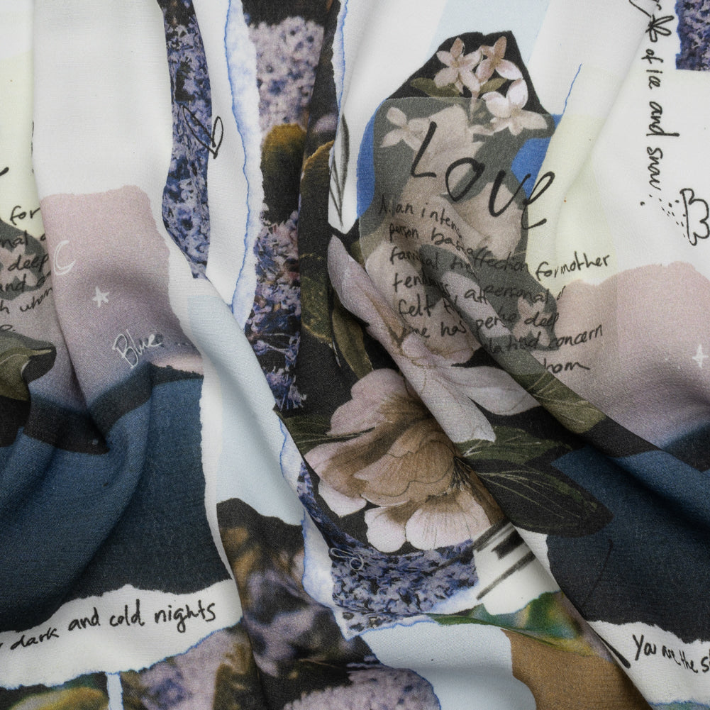 Sustainable Viscose Crepe Print - Beige and Dusty Blue Scrapbook Patchwork - Mood Exclusive Poetics of Love Sustainable Viscose Crepe Print - Beige and Dusty Blue Scrapbook Patchwork - Mood Exclusive Poetics of Love