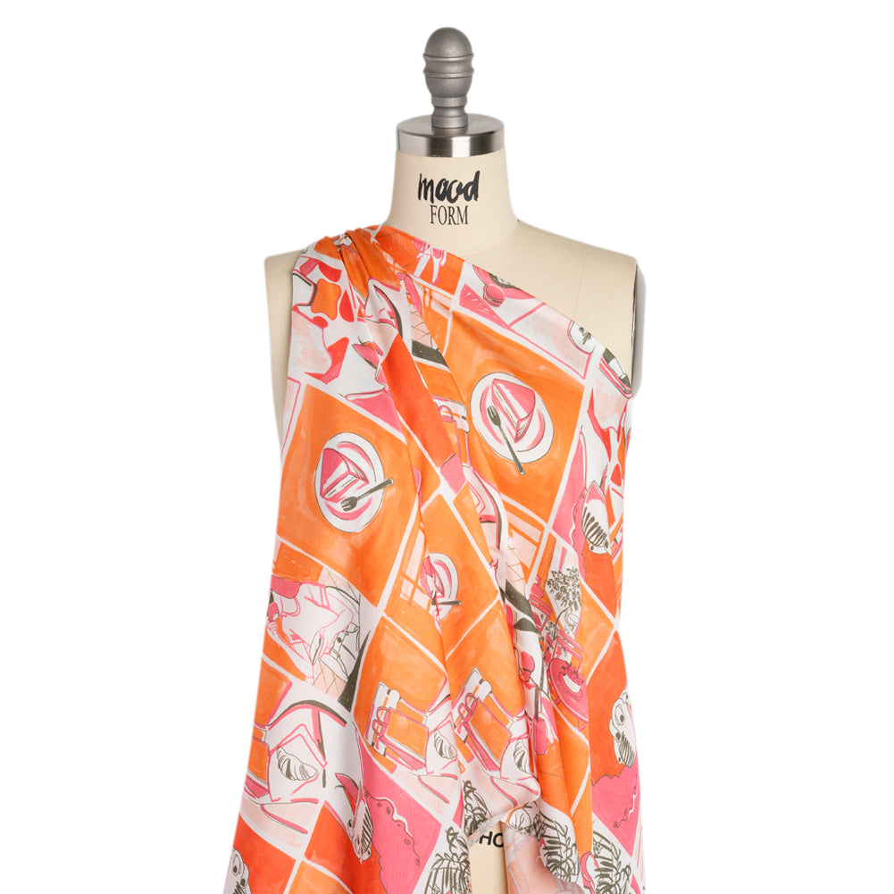 Sustainable and Recycled Viscose Satin Print - Orange and Pink Cafe Snapshots Patchwork - Mood Exclusive Italian Afternoon Detail Sustainable and Recycled Viscose Satin Print - Orange and Pink Cafe Snapshots Patchwork - Mood Exclusive Italian Afternoon Detail