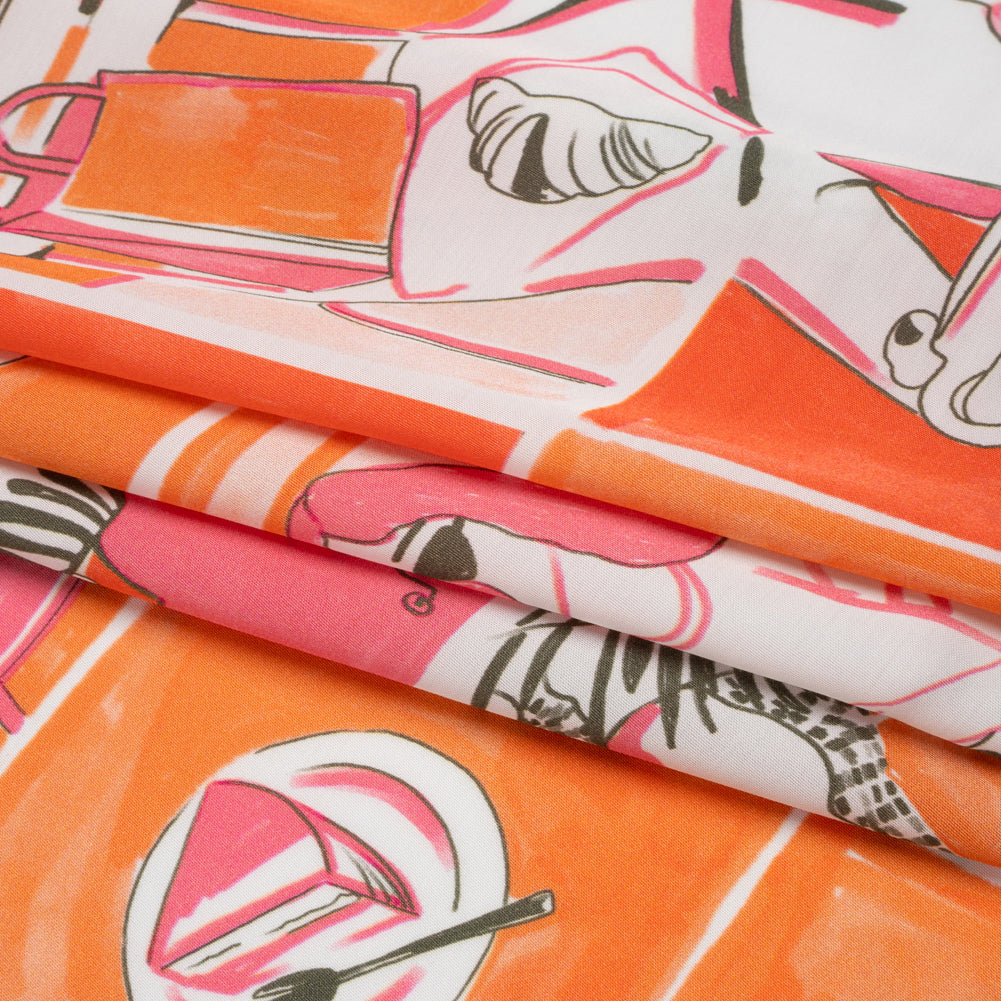 Sustainable and Recycled Viscose Satin Print - Orange and Pink Cafe Snapshots Patchwork - Mood Exclusive Italian Afternoon Full Sustainable and Recycled Viscose Satin Print - Orange and Pink Cafe Snapshots Patchwork - Mood Exclusive Italian Afternoon Full