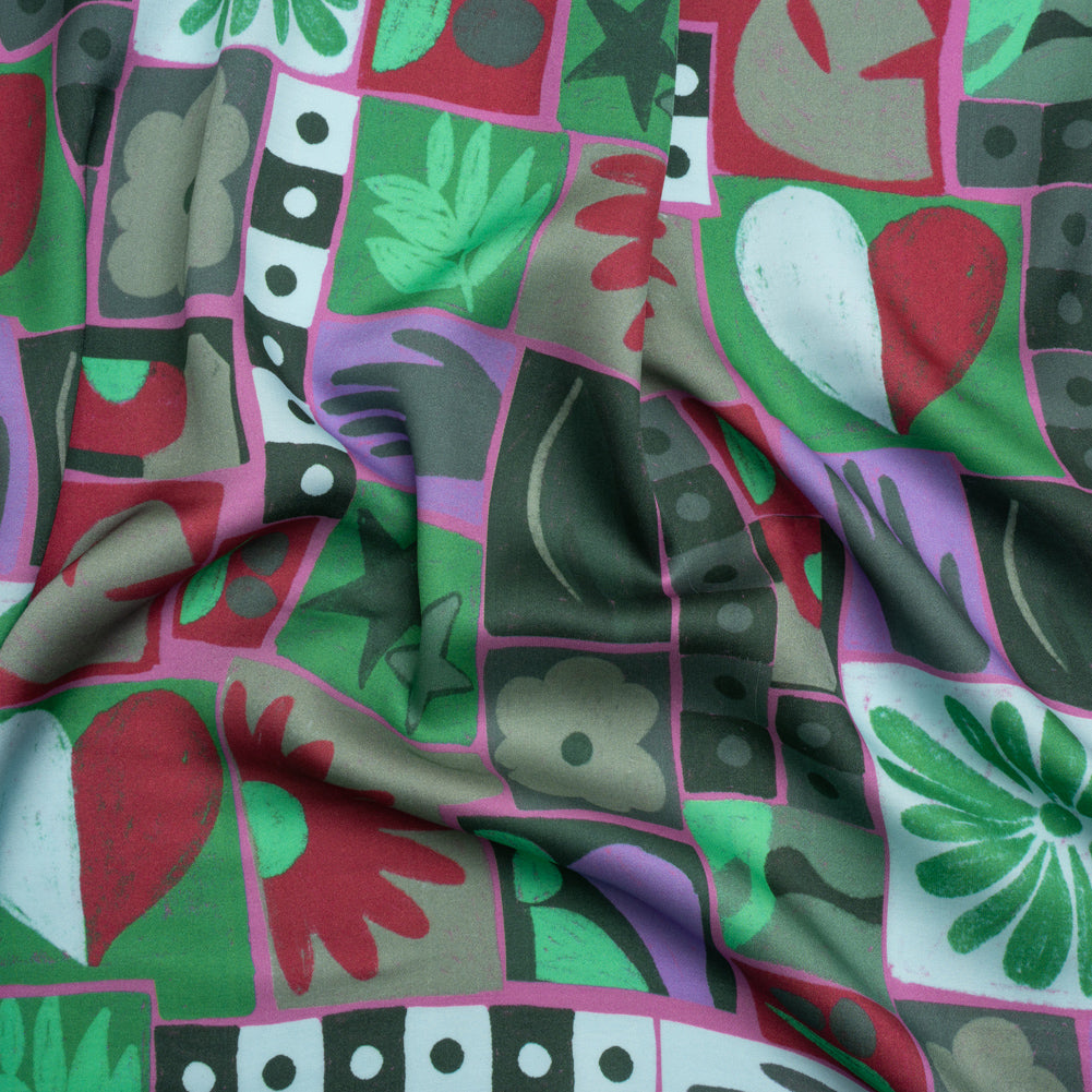 Sustainable and Recycled Viscose Satin Print - Green, Red and Gray Simple Symbols Patchwork - Mood Exclusive Come Together Sustainable and Recycled Viscose Satin Print - Green, Red and Gray Simple Symbols Patchwork - Mood Exclusive Come Together