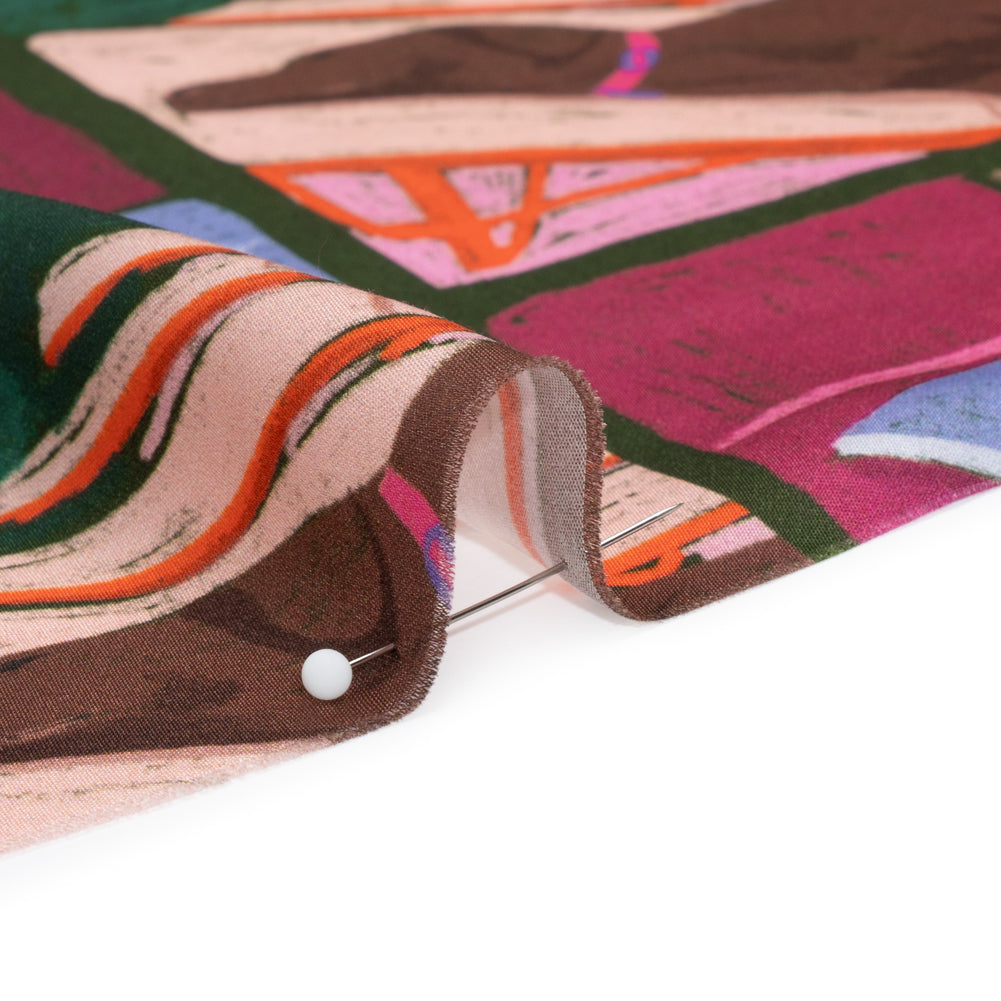 Sustainable and Recycled Viscose Satin Print - Blue, Green and Berry Red Everyday Vignettes Patchwork - Mood Exclusive Metropolitan Madness Folded Sustainable and Recycled Viscose Satin Print - Blue, Green and Berry Red Everyday Vignettes Patchwork - Mood Exclusive Metropolitan Madness Folded
