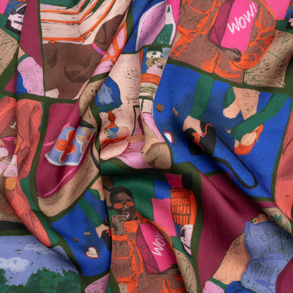 Sustainable and Recycled Viscose Satin Print - Blue, Green and Berry Red Everyday Vignettes Patchwork - Mood Exclusive Metropolitan Madness Sustainable and Recycled Viscose Satin Print - Blue, Green and Berry Red Everyday Vignettes Patchwork - Mood Exclusive Metropolitan Madness