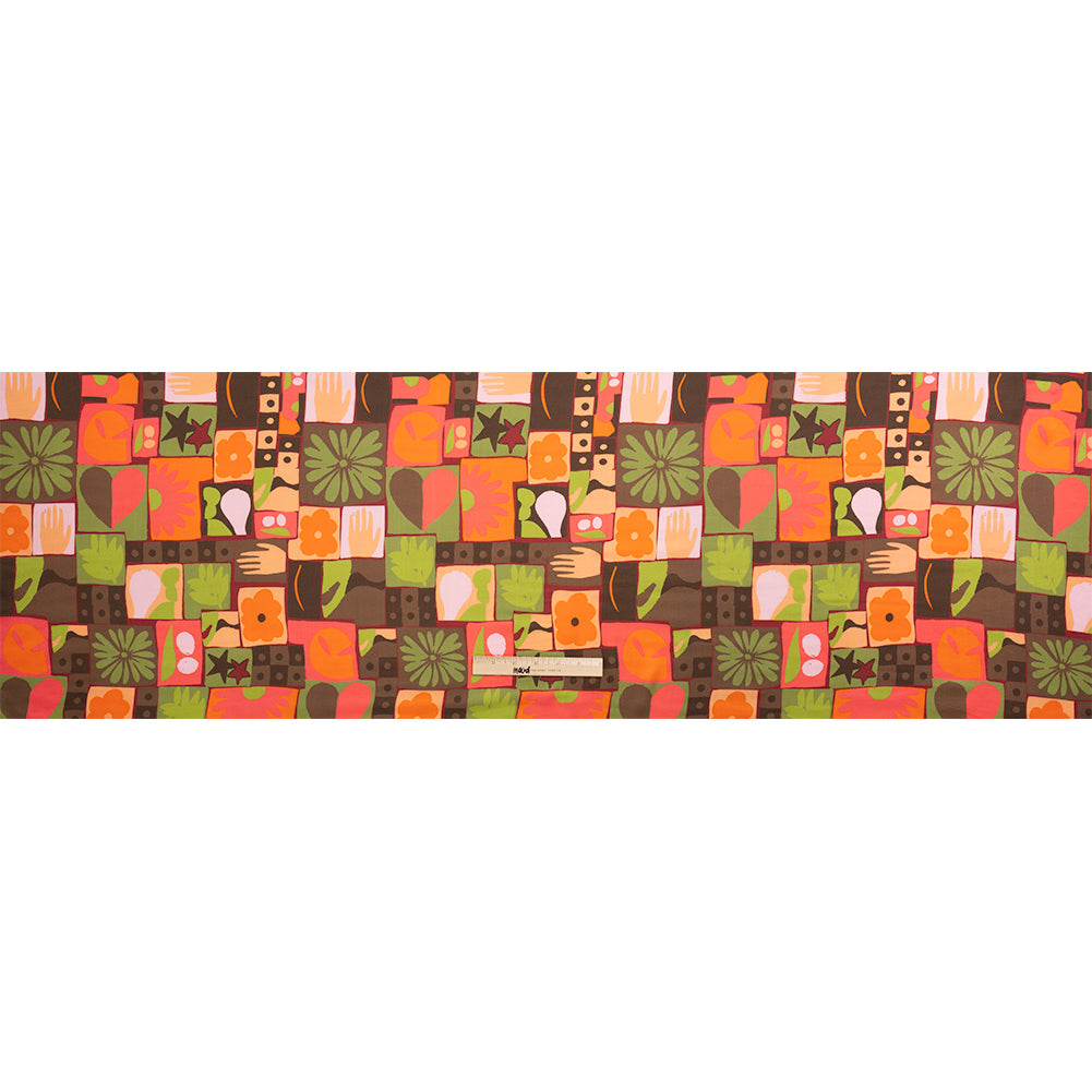 Sustainable and Recycled Viscose Satin Print - Orange, Green and Coral Simple Symbols Patchwork - Mood Exclusive Come Together Drape Sustainable and Recycled Viscose Satin Print - Orange, Green and Coral Simple Symbols Patchwork - Mood Exclusive Come Together Drape