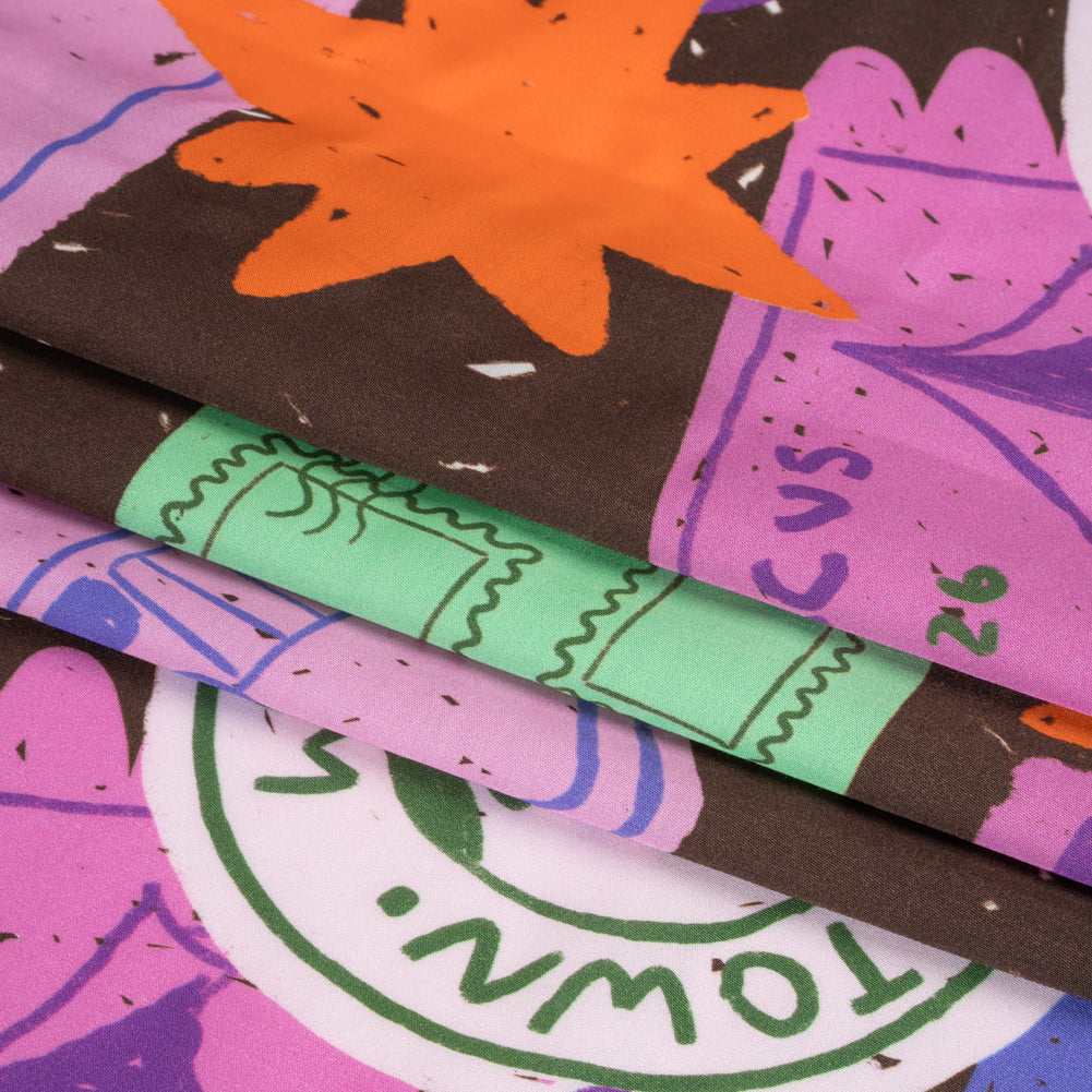 Sustainable and Recycled Viscose Satin Print - Purple, Mint and Blue Scrapbook Collage - Mood Exclusive Penpal Persona Full Sustainable and Recycled Viscose Satin Print - Purple, Mint and Blue Scrapbook Collage - Mood Exclusive Penpal Persona Full