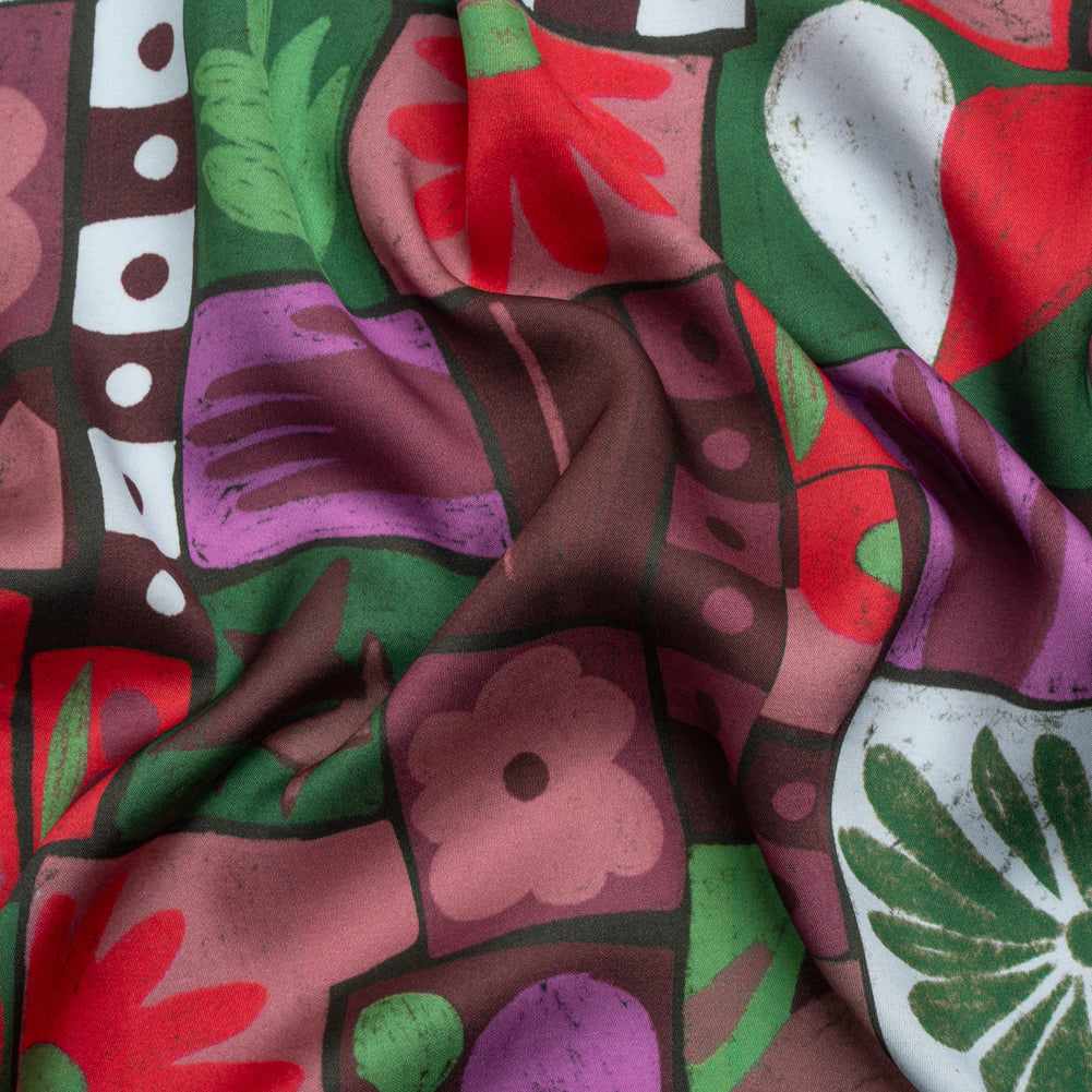 Sustainable and Recycled Viscose Satin Print - Purple, Green and Red Simple Symbols Patchwork - Mood Exclusive Come Together Sustainable and Recycled Viscose Satin Print - Purple, Green and Red Simple Symbols Patchwork - Mood Exclusive Come Together
