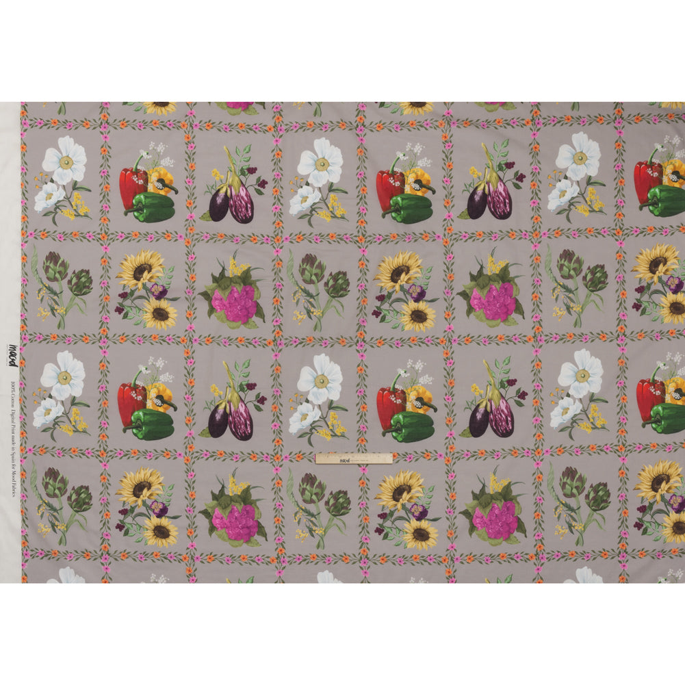 Cotton Voile Print - Beige, Yellow and Purple Floral and Vegetable Grid - Mood Exclusive Sunday with Nonna - Full Cotton Voile Print - Beige, Yellow and Purple Floral and Vegetable Grid - Mood Exclusive Sunday with Nonna - Full