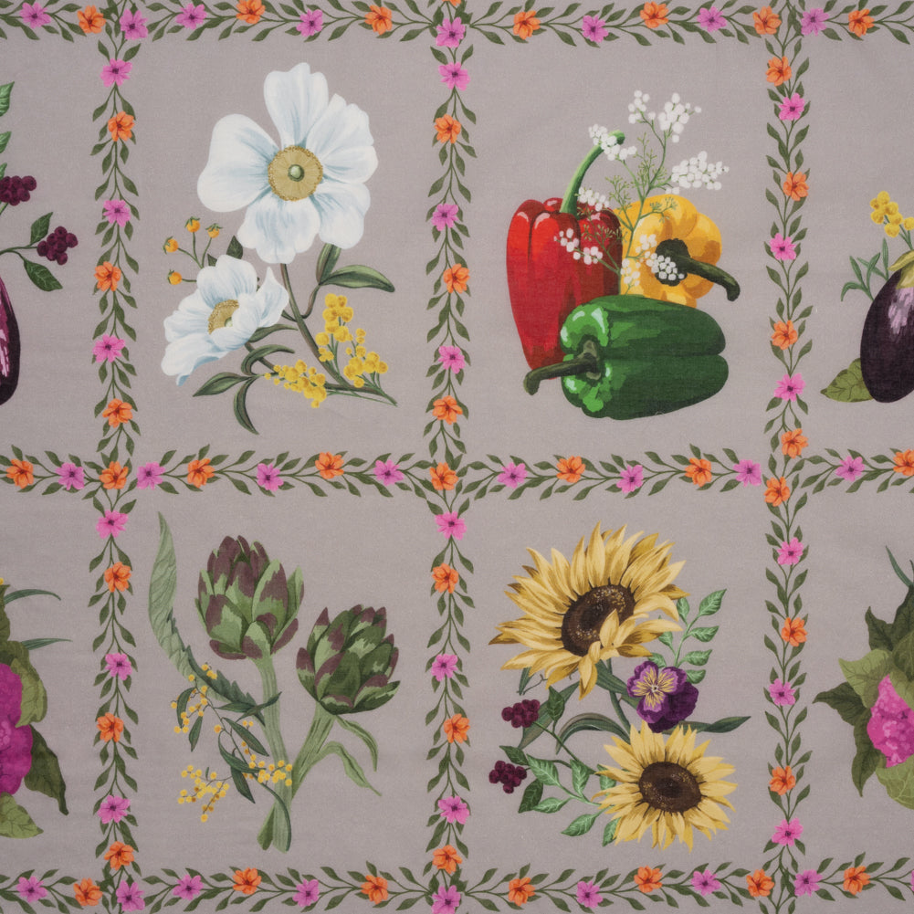 Cotton Voile Print - Beige, Yellow and Purple Floral and Vegetable Grid - Mood Exclusive Sunday with Nonna Cotton Voile Print - Beige, Yellow and Purple Floral and Vegetable Grid - Mood Exclusive Sunday with Nonna