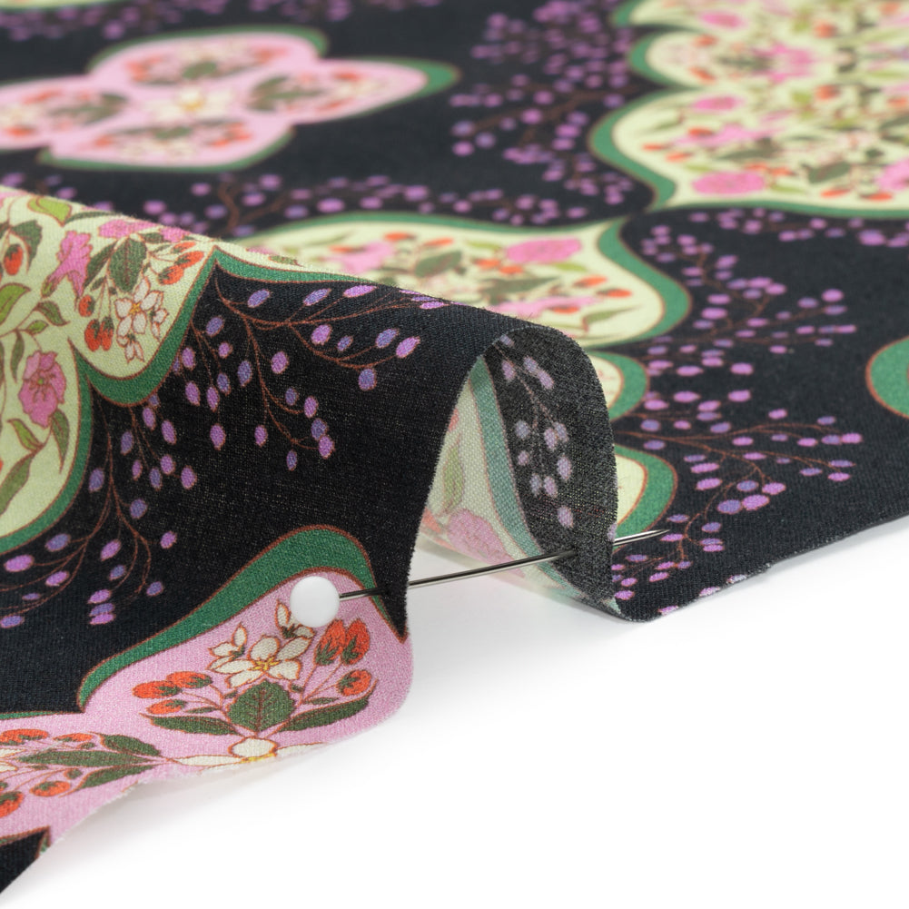 Cotton Voile Print - Black, Pink and Green Floral Tiles - Mood Exclusive Rosalind and Celia Detail Cotton Voile Print - Black, Pink and Green Floral Tiles - Mood Exclusive Rosalind and Celia Detail