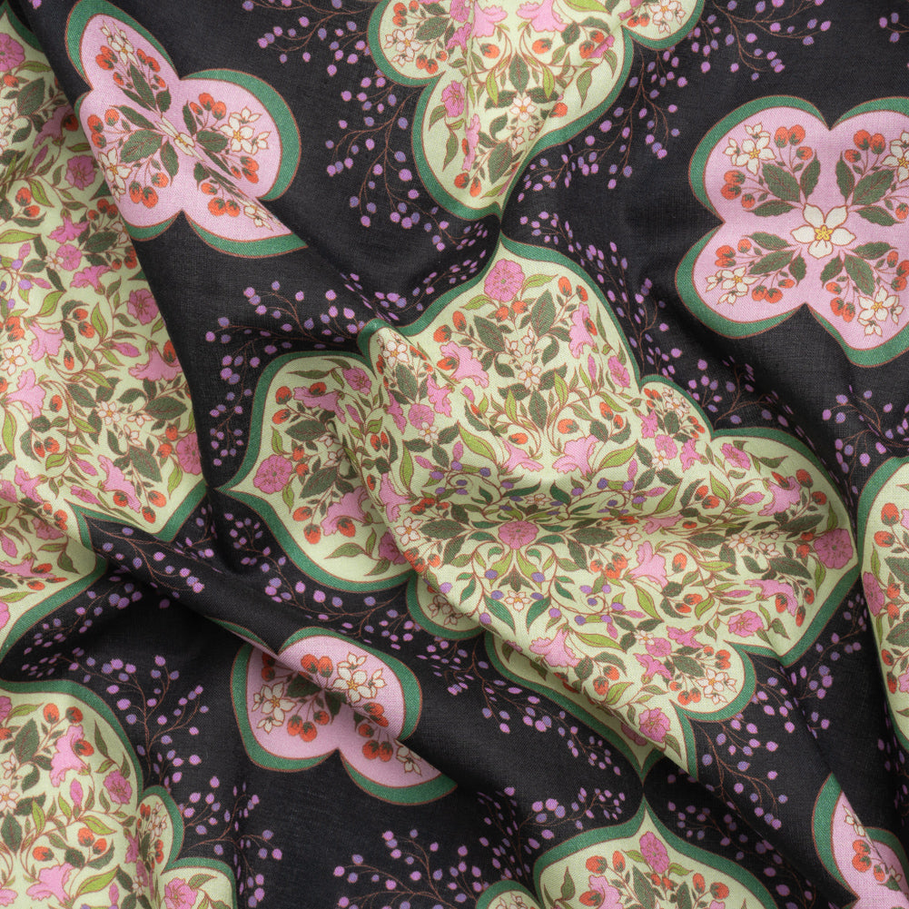 Cotton Voile Print - Black, Pink and Green Floral Tiles - Mood Exclusive Rosalind and Celia Cotton Voile Print - Black, Pink and Green Floral Tiles - Mood Exclusive Rosalind and Celia
