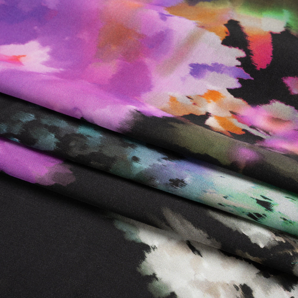 Sustainable and Recycled Viscose Satin Print - Purple, Red and Black Abstract Floral - Mood Exclusive Forest of Colors Full Sustainable and Recycled Viscose Satin Print - Purple, Red and Black Abstract Floral - Mood Exclusive Forest of Colors Full
