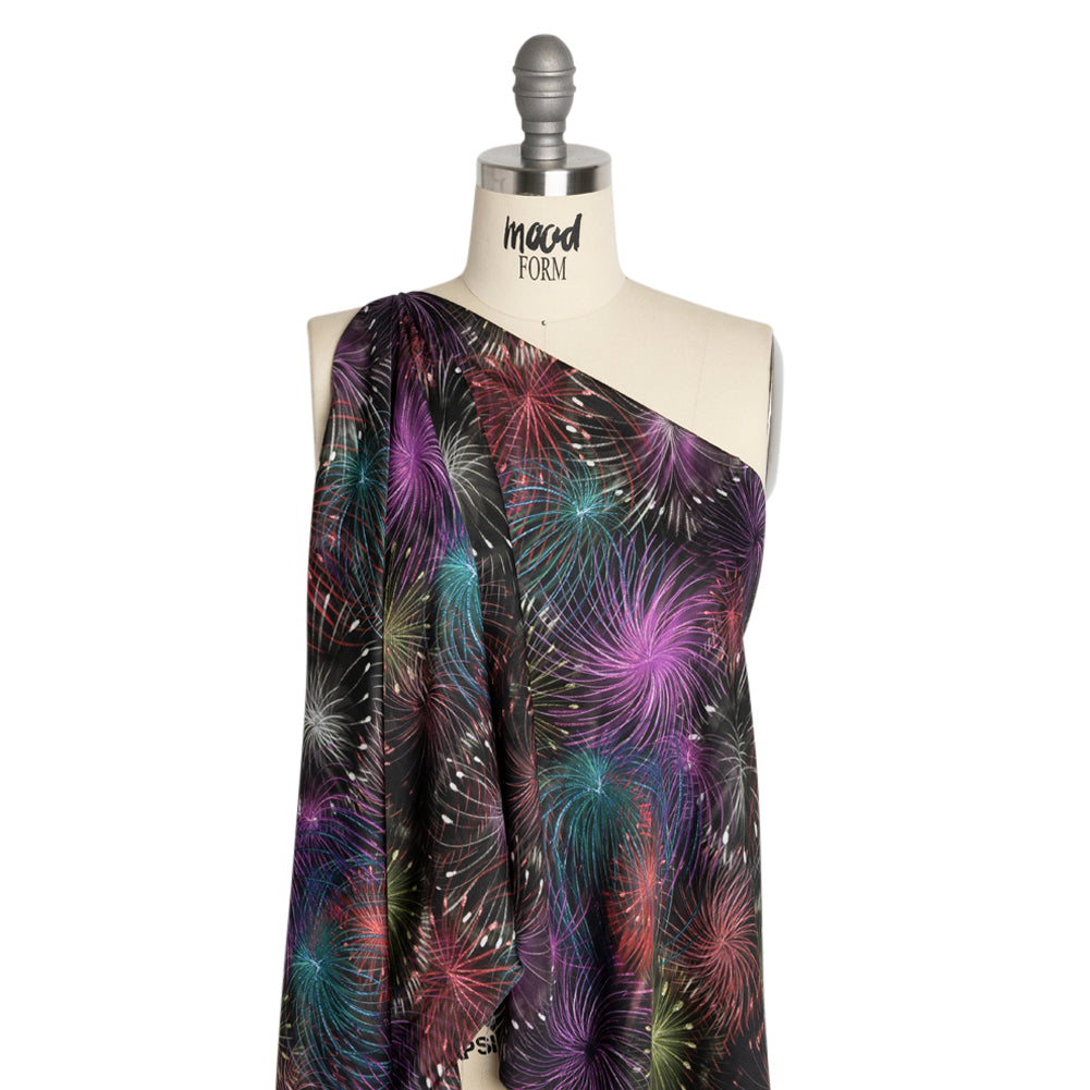 Sustainable and Recycled Viscose Satin Print - Purple, Red and Green Fireworks - Mood Exclusive Twilight's Last Gleaming Detail Sustainable and Recycled Viscose Satin Print - Purple, Red and Green Fireworks - Mood Exclusive Twilight's Last Gleaming Detail