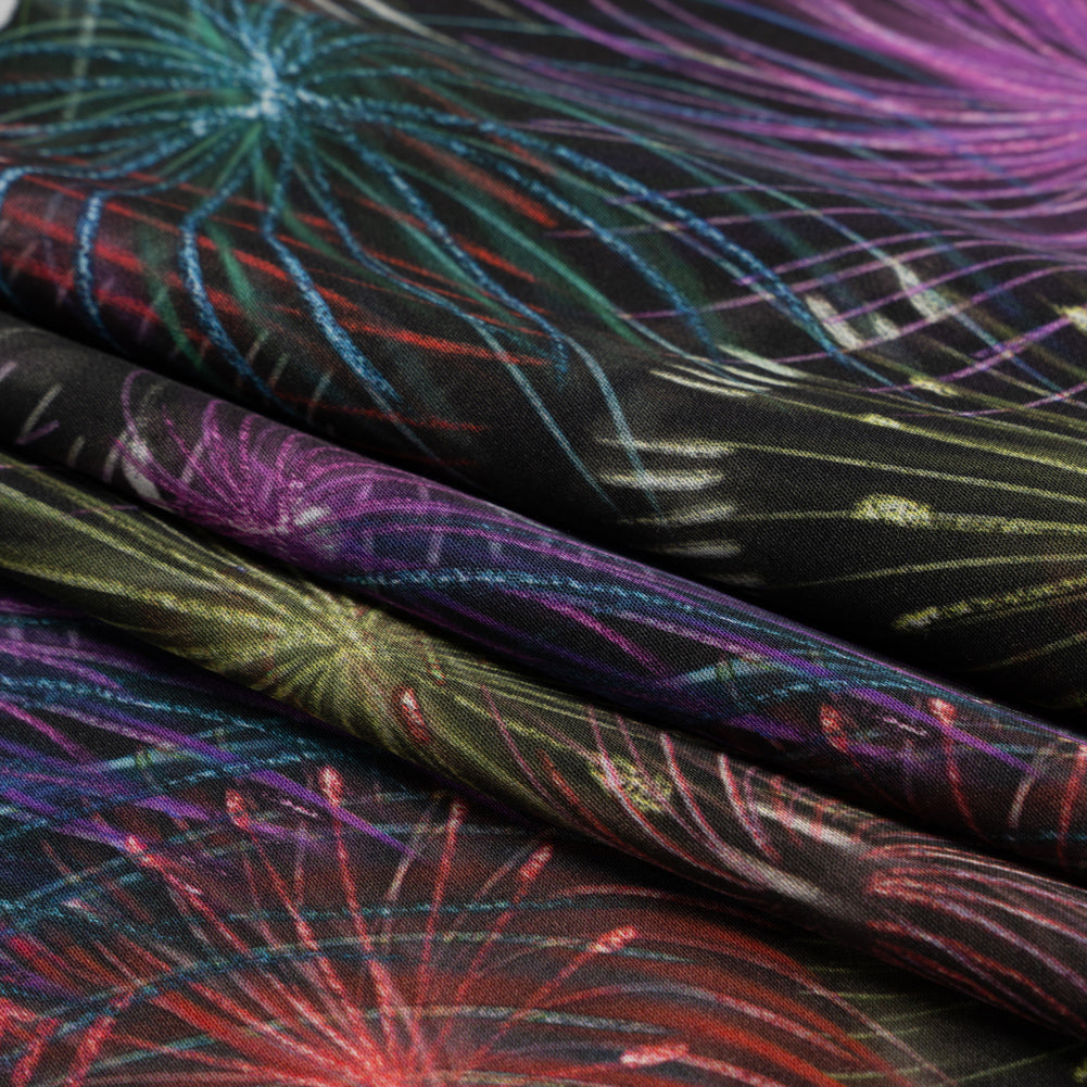 Sustainable and Recycled Viscose Satin Print - Purple, Red and Green Fireworks - Mood Exclusive Twilight's Last Gleaming Full Sustainable and Recycled Viscose Satin Print - Purple, Red and Green Fireworks - Mood Exclusive Twilight's Last Gleaming Full
