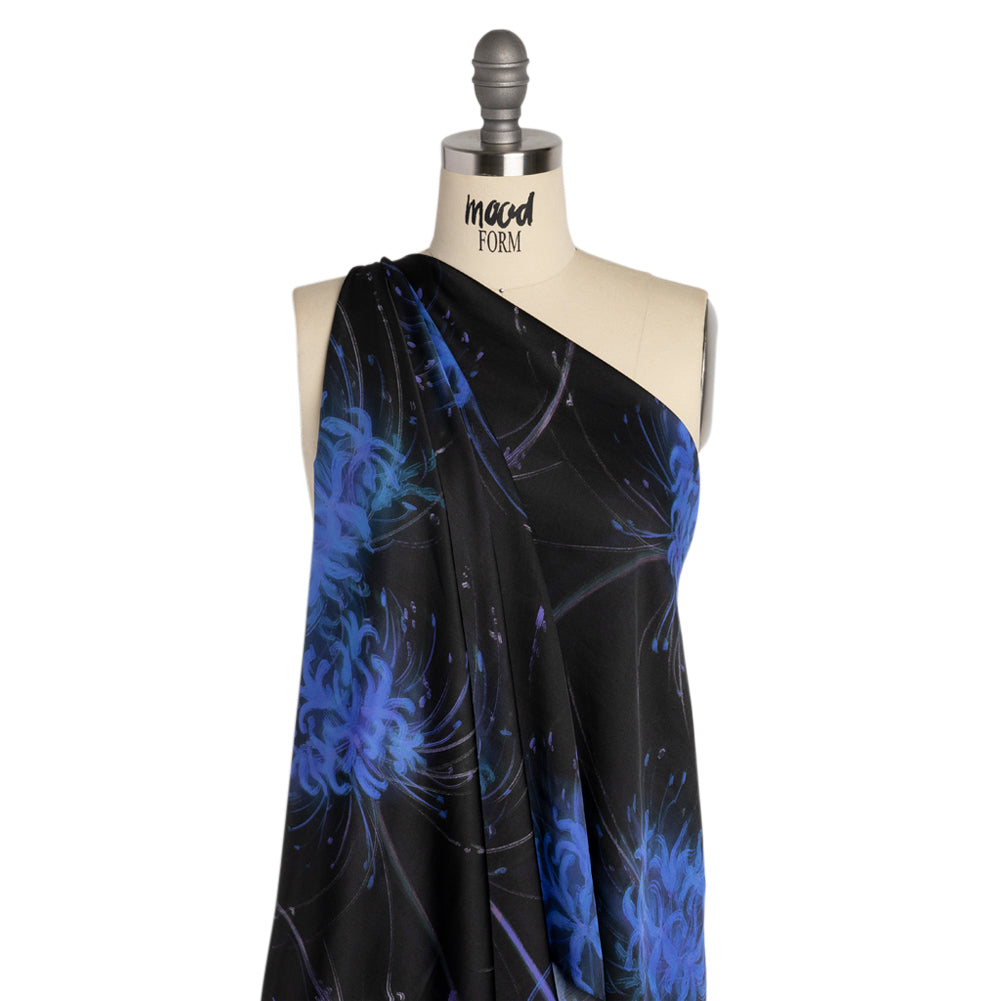 Sustainable and Recycled Viscose Satin Print - Blue and Black Glowing Florals - Mood Exclusive Marine Magic Detail Sustainable and Recycled Viscose Satin Print - Blue and Black Glowing Florals - Mood Exclusive Marine Magic Detail