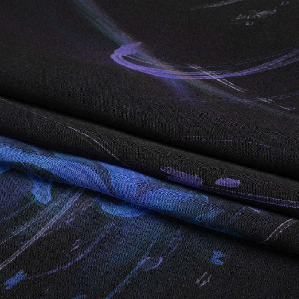 Sustainable and Recycled Viscose Satin Print - Blue and Black Glowing Florals - Mood Exclusive Marine Magic Full Sustainable and Recycled Viscose Satin Print - Blue and Black Glowing Florals - Mood Exclusive Marine Magic Full
